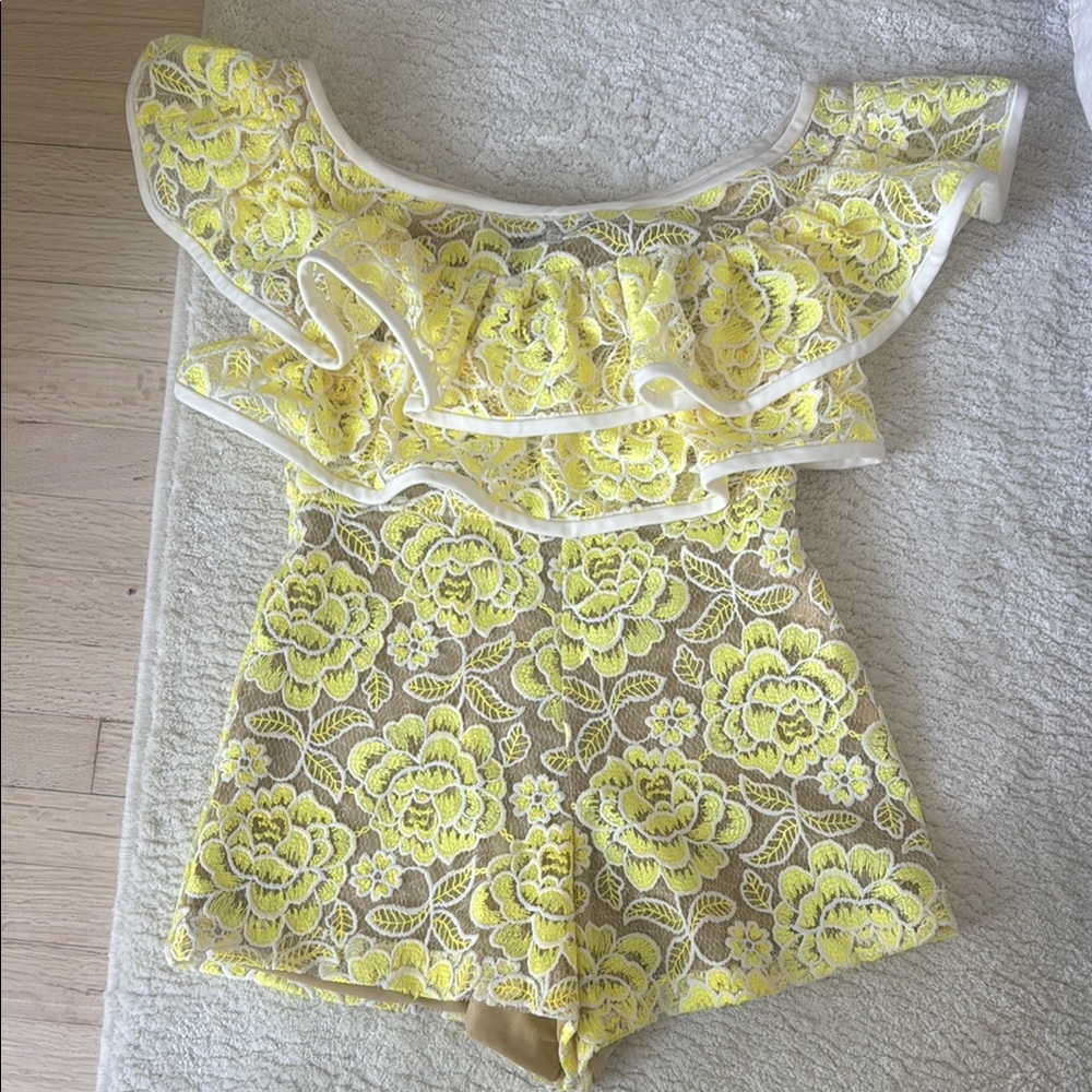 ALEXIS Yellow Floral Lace Off shoulder Romper